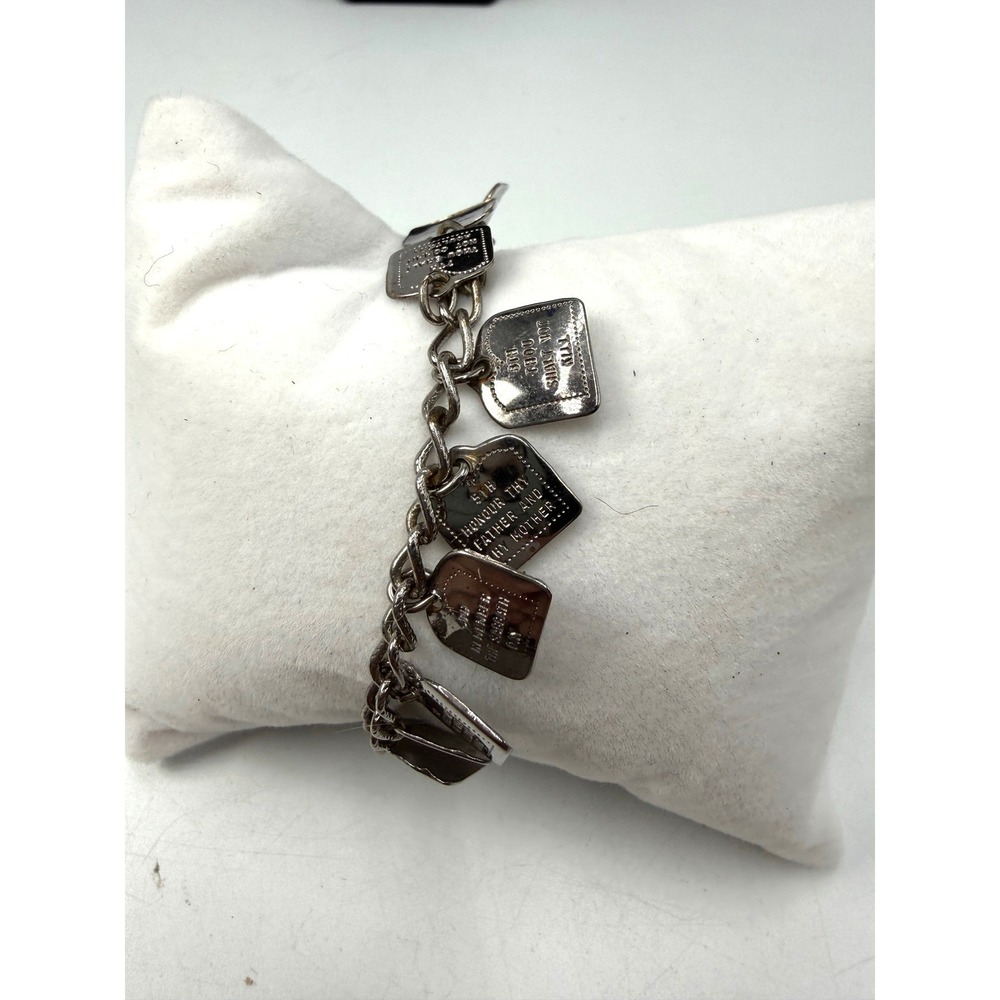 Vintage Silver Tone Ten Commandments Religious Charm Bracelet Praying Hands 8in